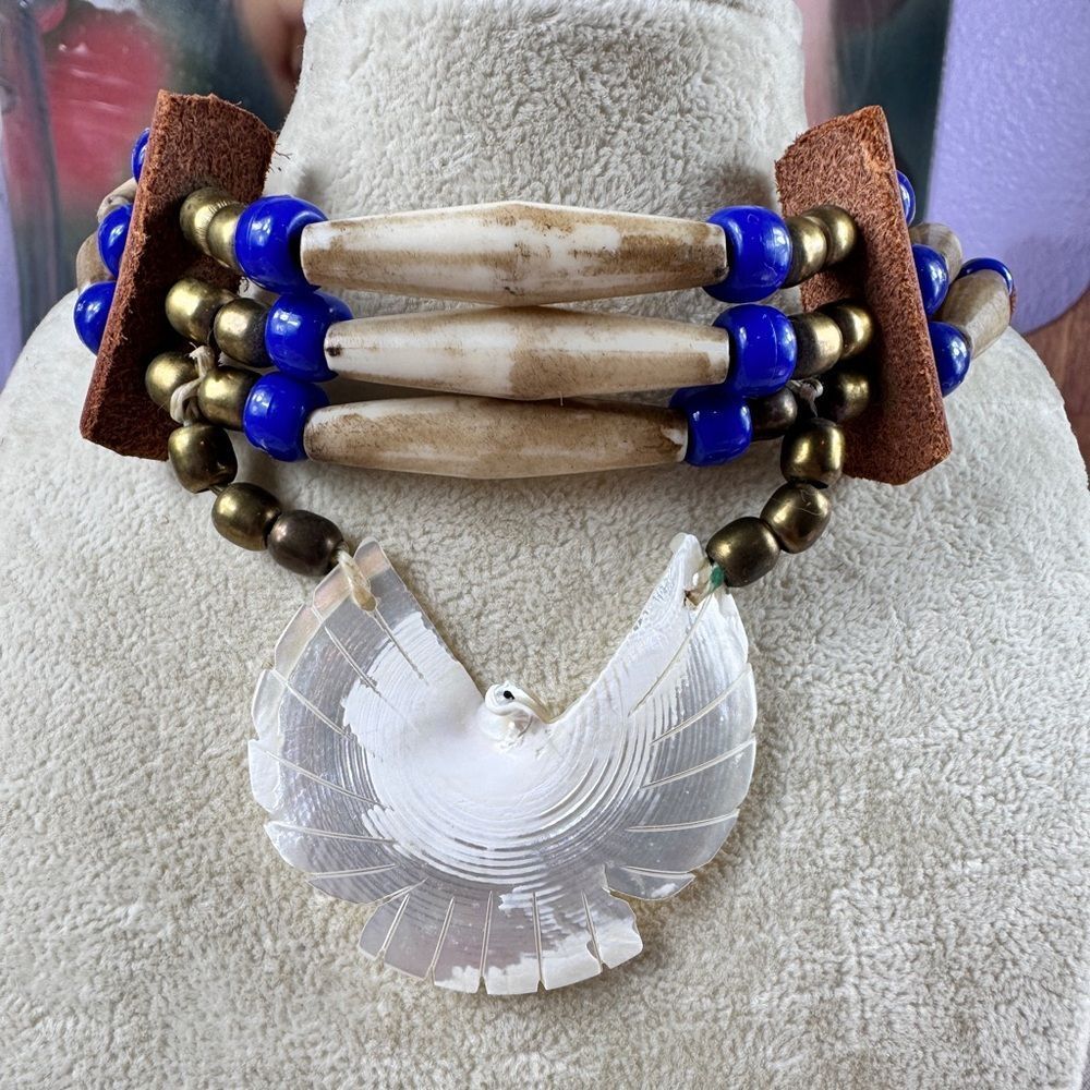 Vintage Carved Mother Of Pearl Thunderbird Choker Necklace